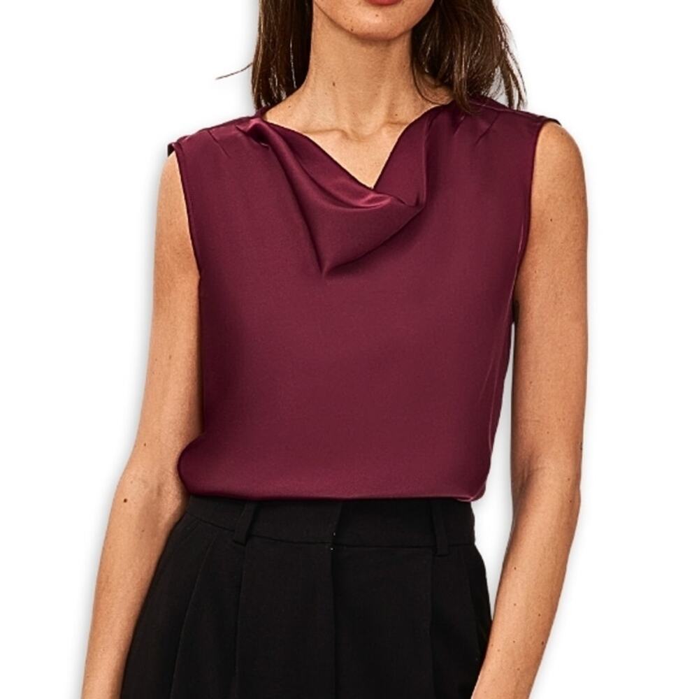 Halogen Blouse Top Cowl Neck Sleeveless Lightweight Satin Fabric Purple W S NWOT